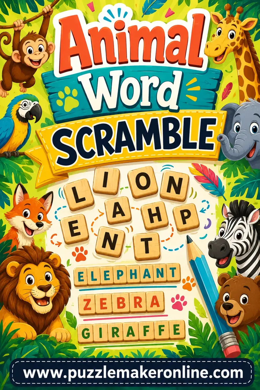 Animal Word Scramble: Free Printable Maker