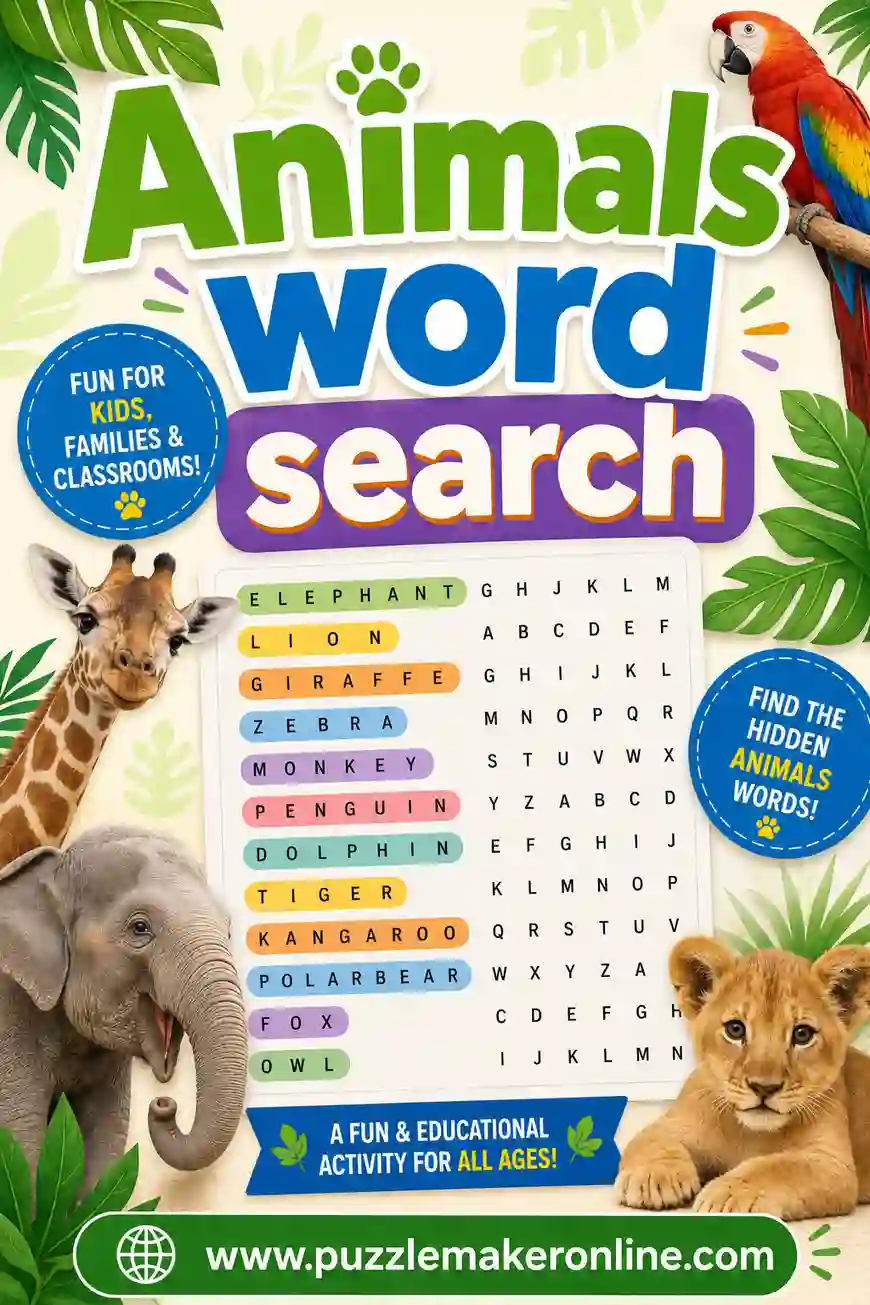 Animals Word Search: Free Printable Puzzles