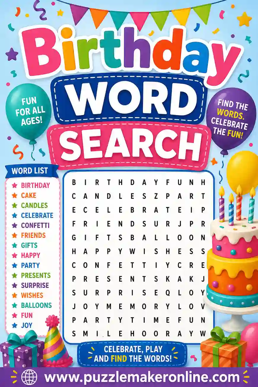 Birthday Word Search: Free Printable Party Puzzles