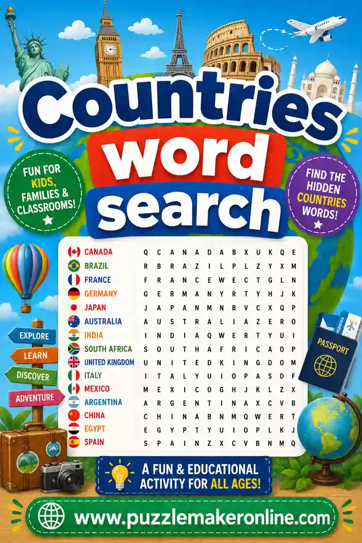 Countries Word Search: Free Printable Geography Puzzle