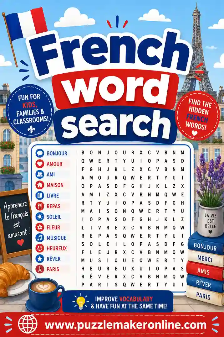French Word Search: Free Printable Puzzles & Word Lists