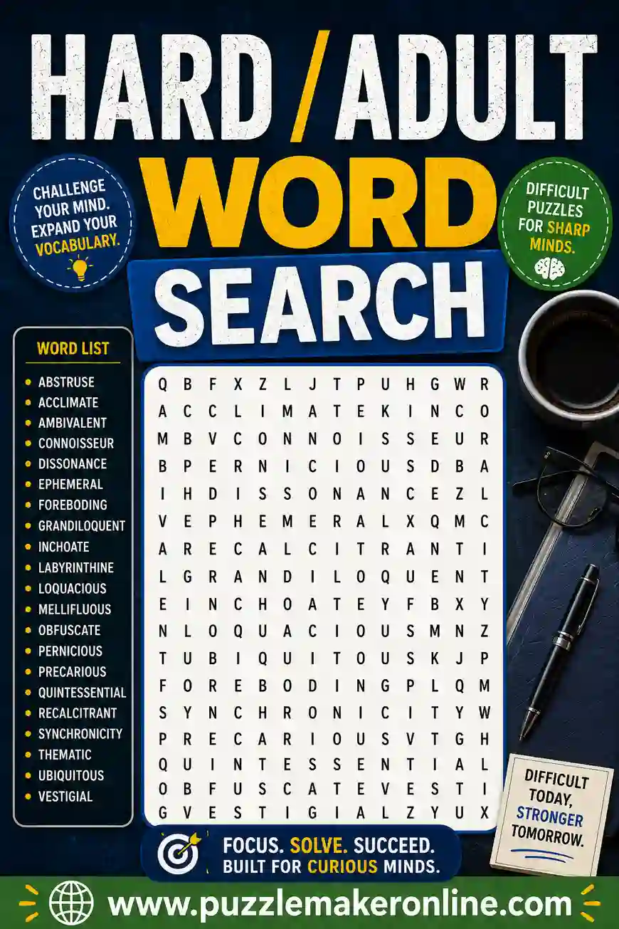 Hard Word Search for Adults: Free Printable Puzzles