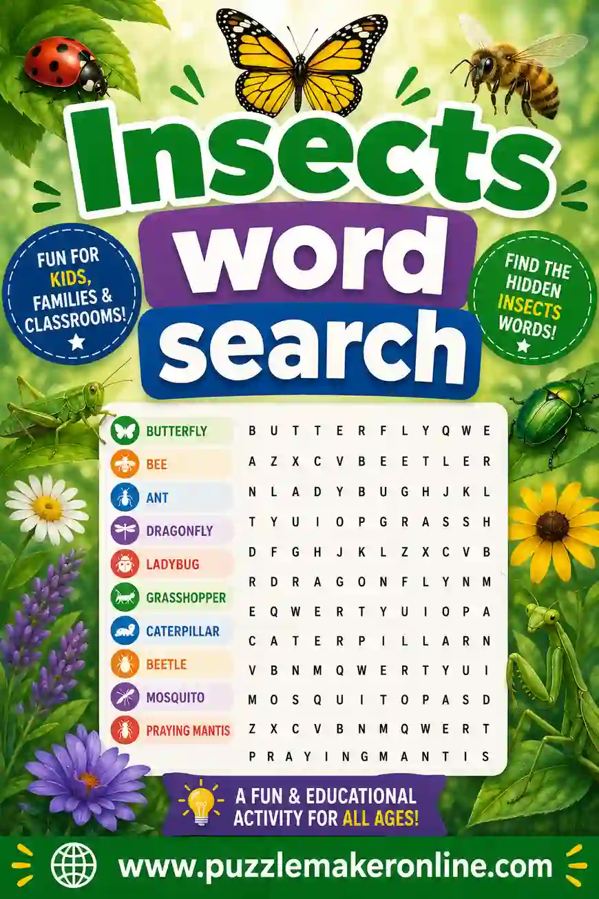 Insects Word Search: Free Printable Bug Puzzle