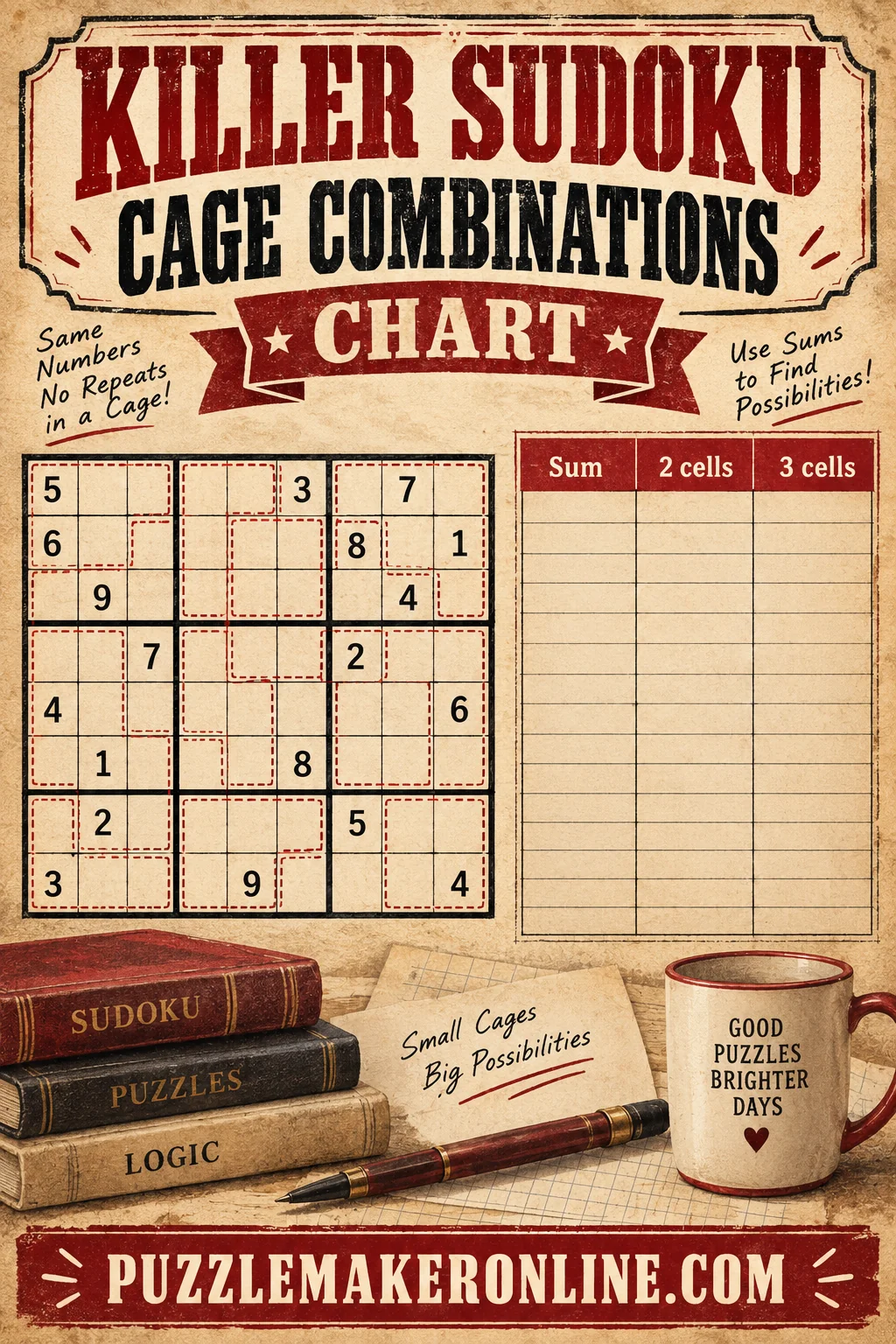 Killer Sudoku Cage Combinations Chart (All Sums, 2-9 Cells)