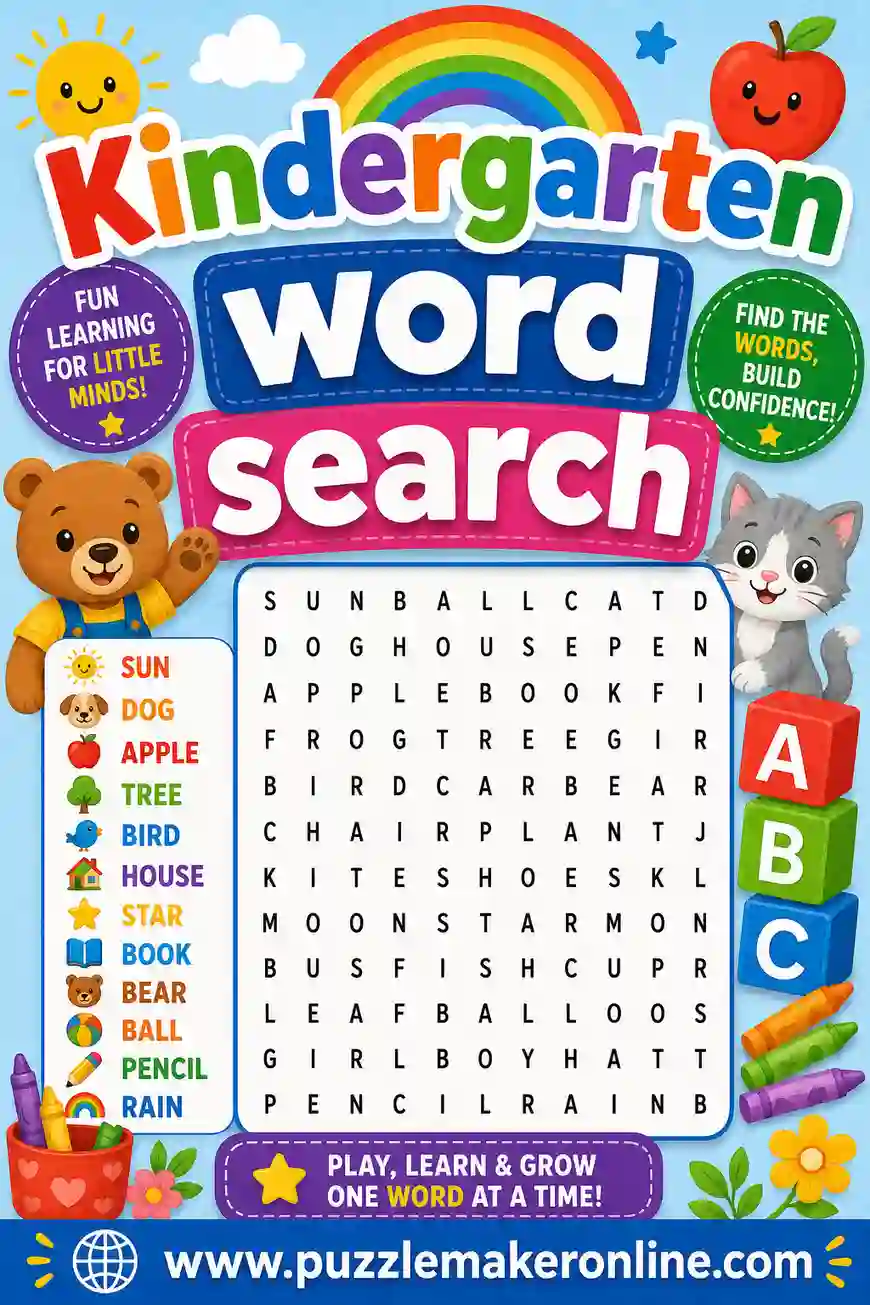 Kindergarten Word Search: Free Easy Printables
