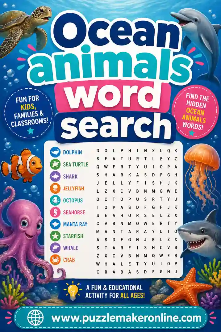 Ocean Animals Word Search: Free Printable Puzzles
