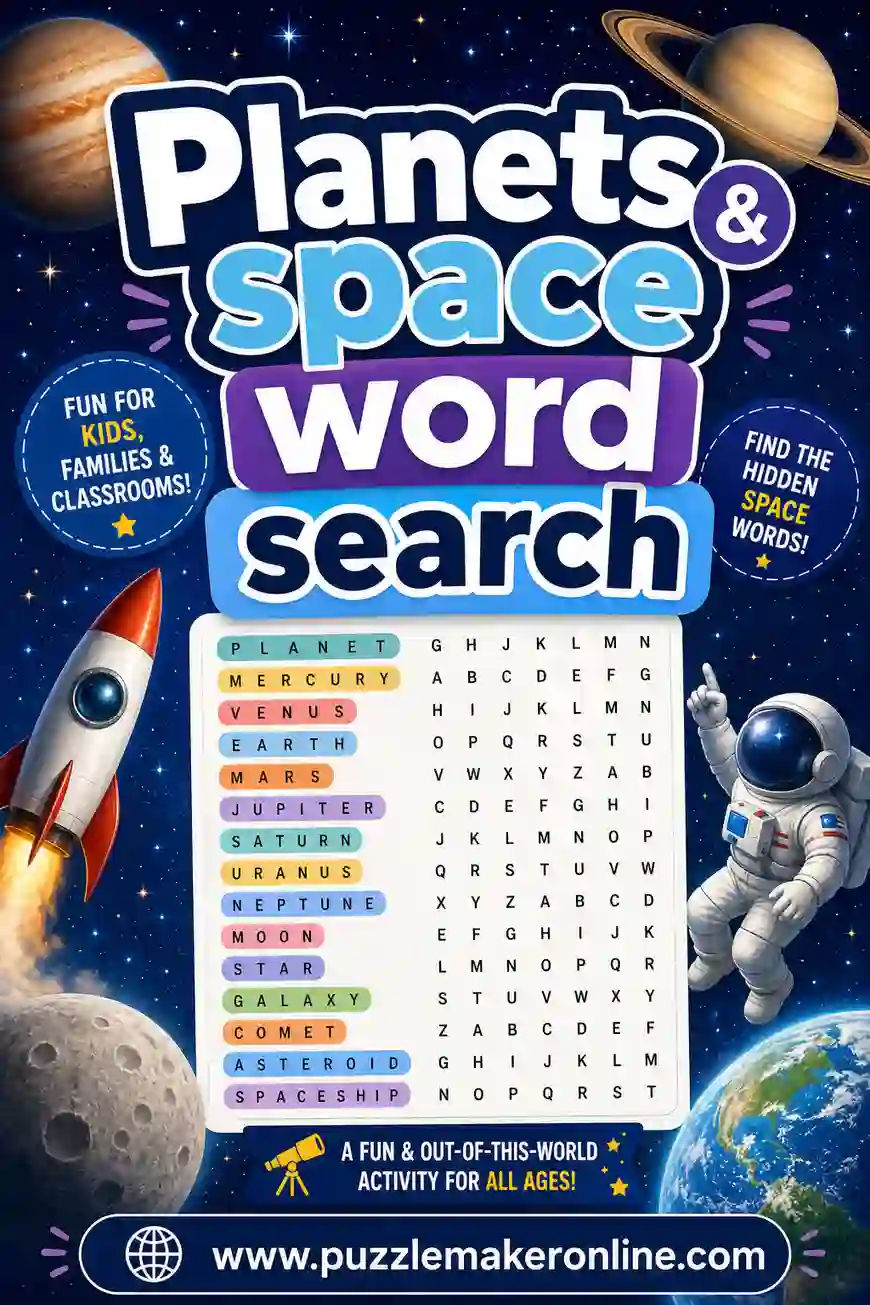 Planets & Space Word Search: Free Printable Puzzles