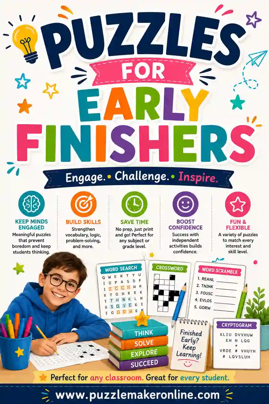 Puzzles for Early Finishers: Free Printable No-Prep Worksheets
