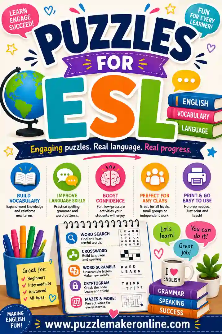 Puzzles for ESL: Free Printable Word Searches, Crosswords & Scrambles