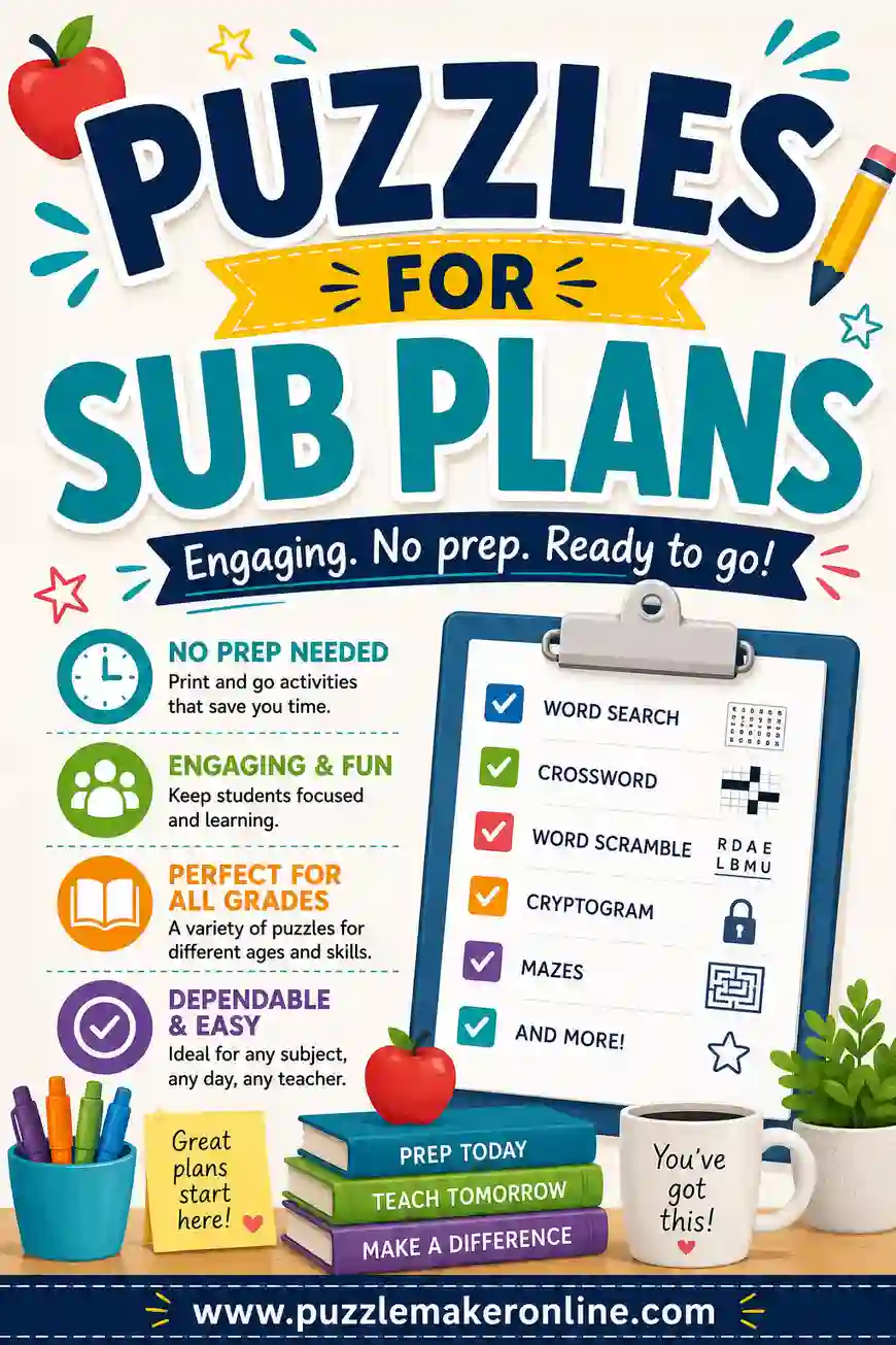 Puzzles for Sub Plans: Free Printable No-Prep Worksheets