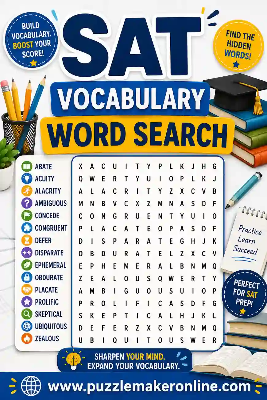 SAT Vocabulary Word Search: Free Printable Maker