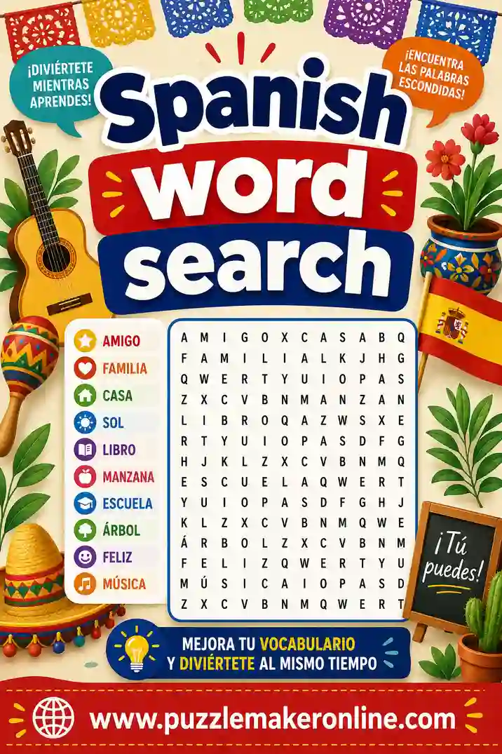 Spanish Word Search: Free Printable Vocabulary Puzzle