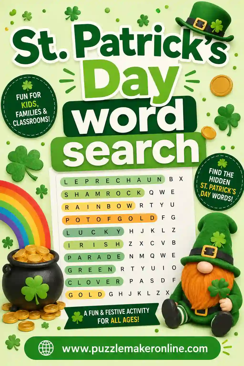 St. Patrick's Day Word Search: Free Printable Puzzles