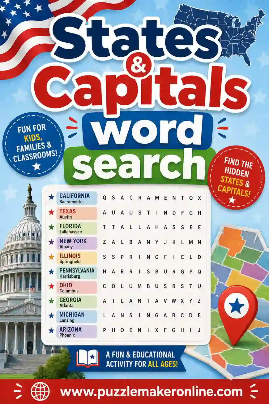 States & Capitals Word Search: Free Printable Puzzles