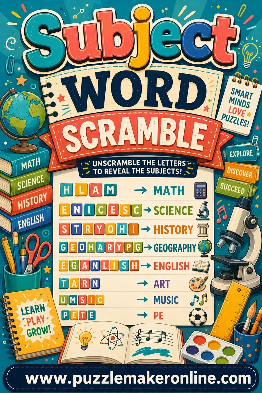 Subject Word Scramble: Free Printable Maker