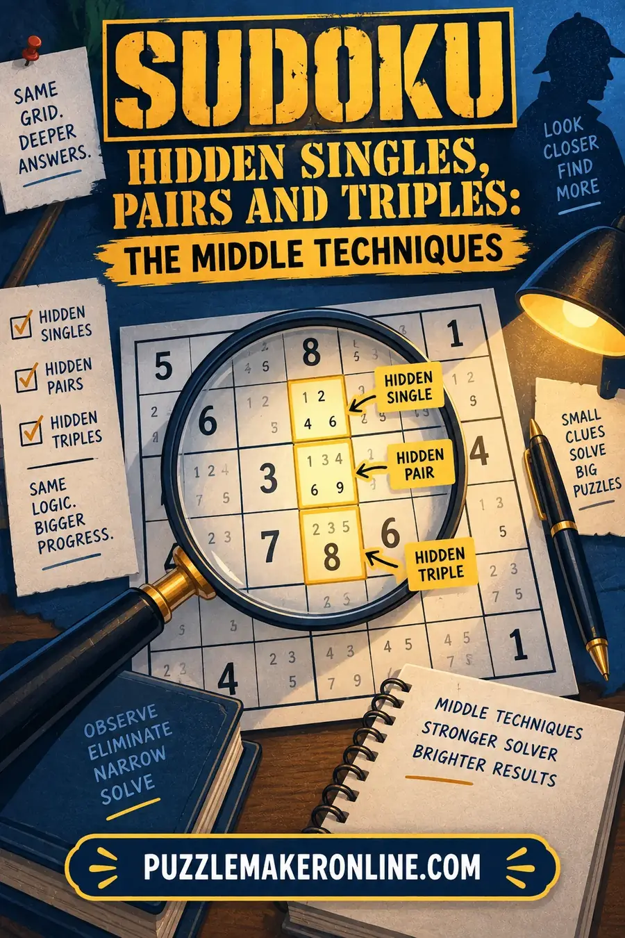 Sudoku Hidden Singles, Pairs and Triples: The Middle Techniques
