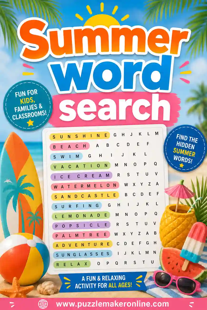Summer Word Search: Free Printable Puzzles